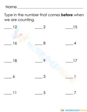 Identifying Number Before Practice Worksheets
