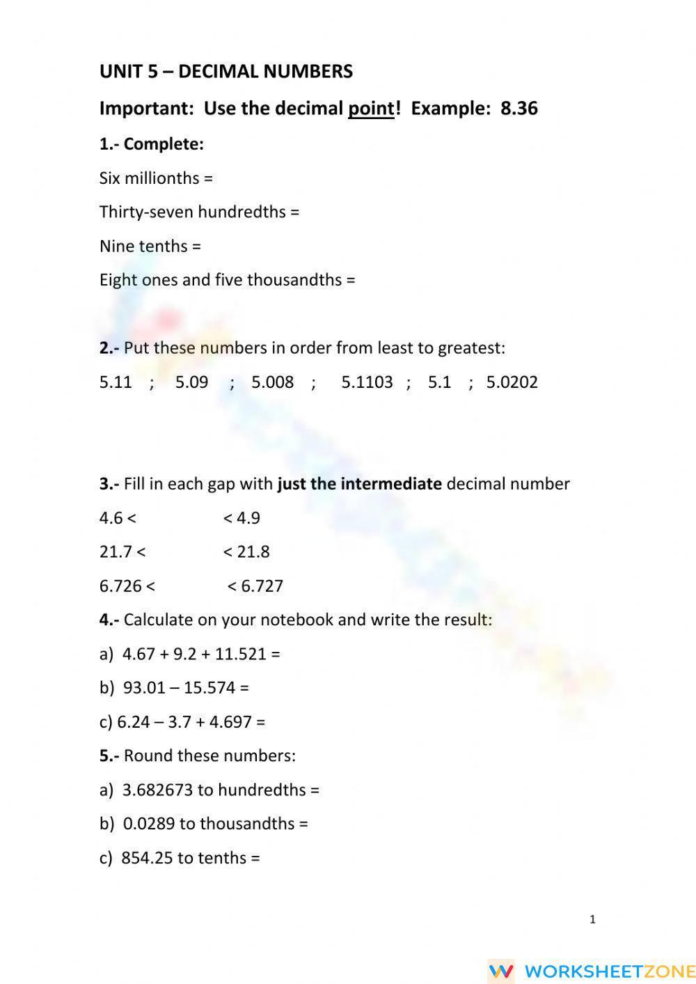 Decimal Numbers Worksheet