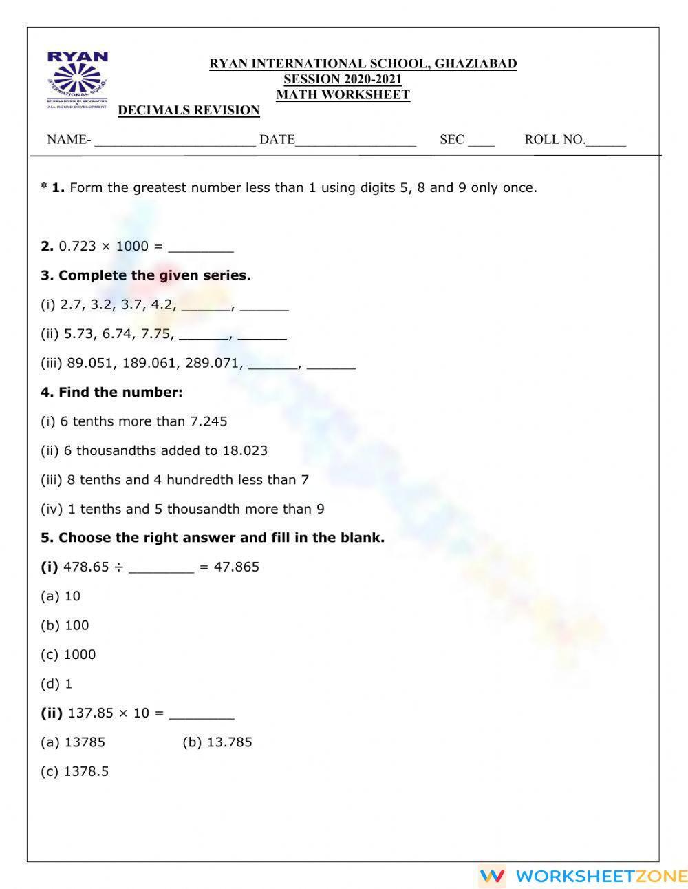 Decimals Class 5 Worksheet