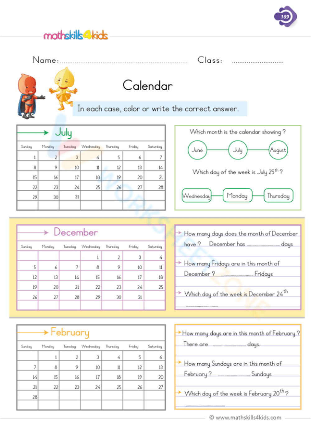 Read the calendar Worksheet Zone