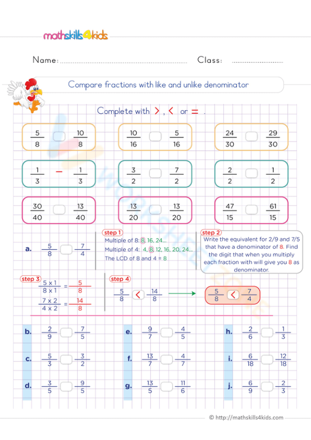Compare Fractions With Like And Unlike Numerators Or Denominators Worksheet