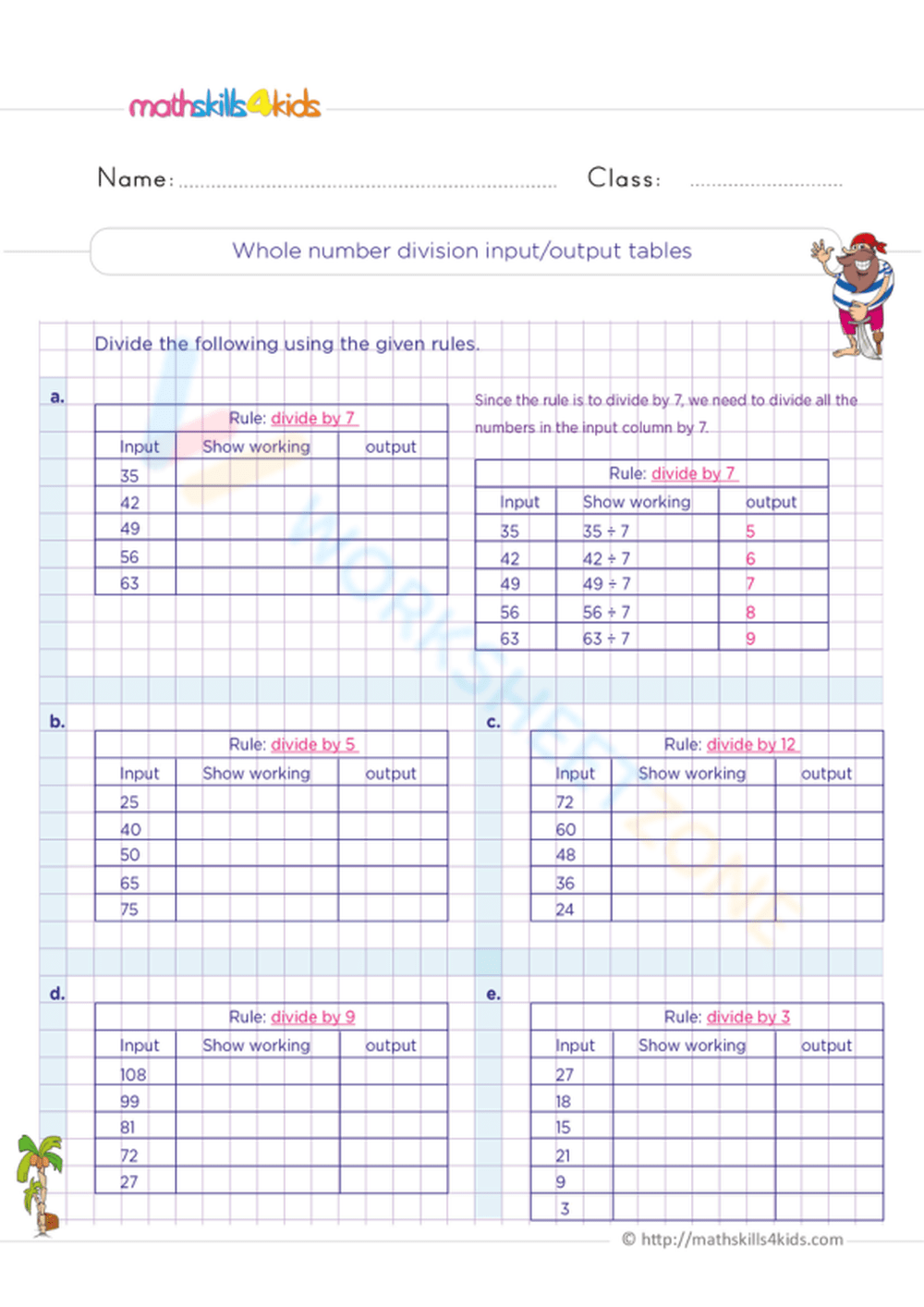 Whole Number: Division Input/output Tables Worksheet
