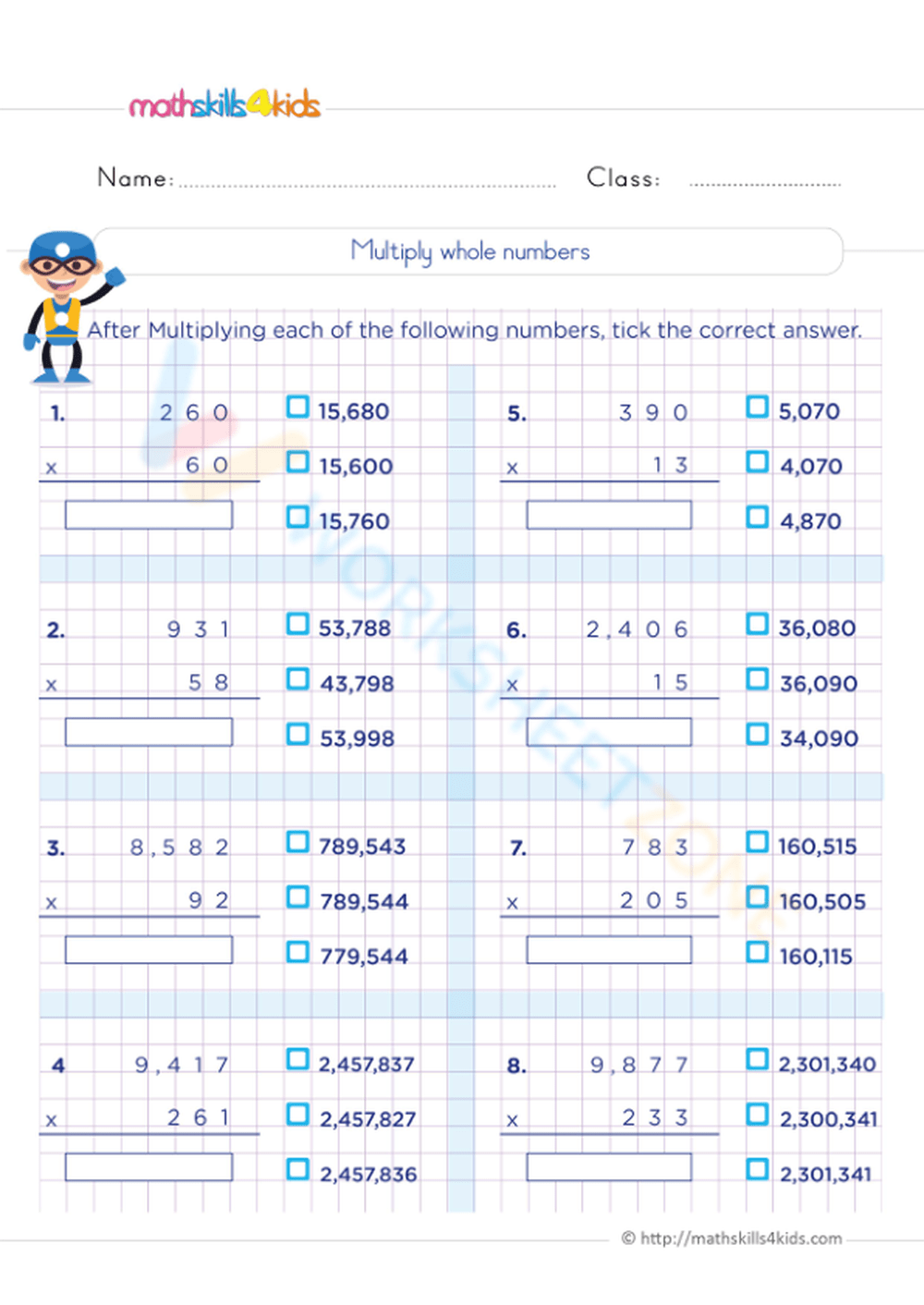 Multiply Whole Numbers Worksheet