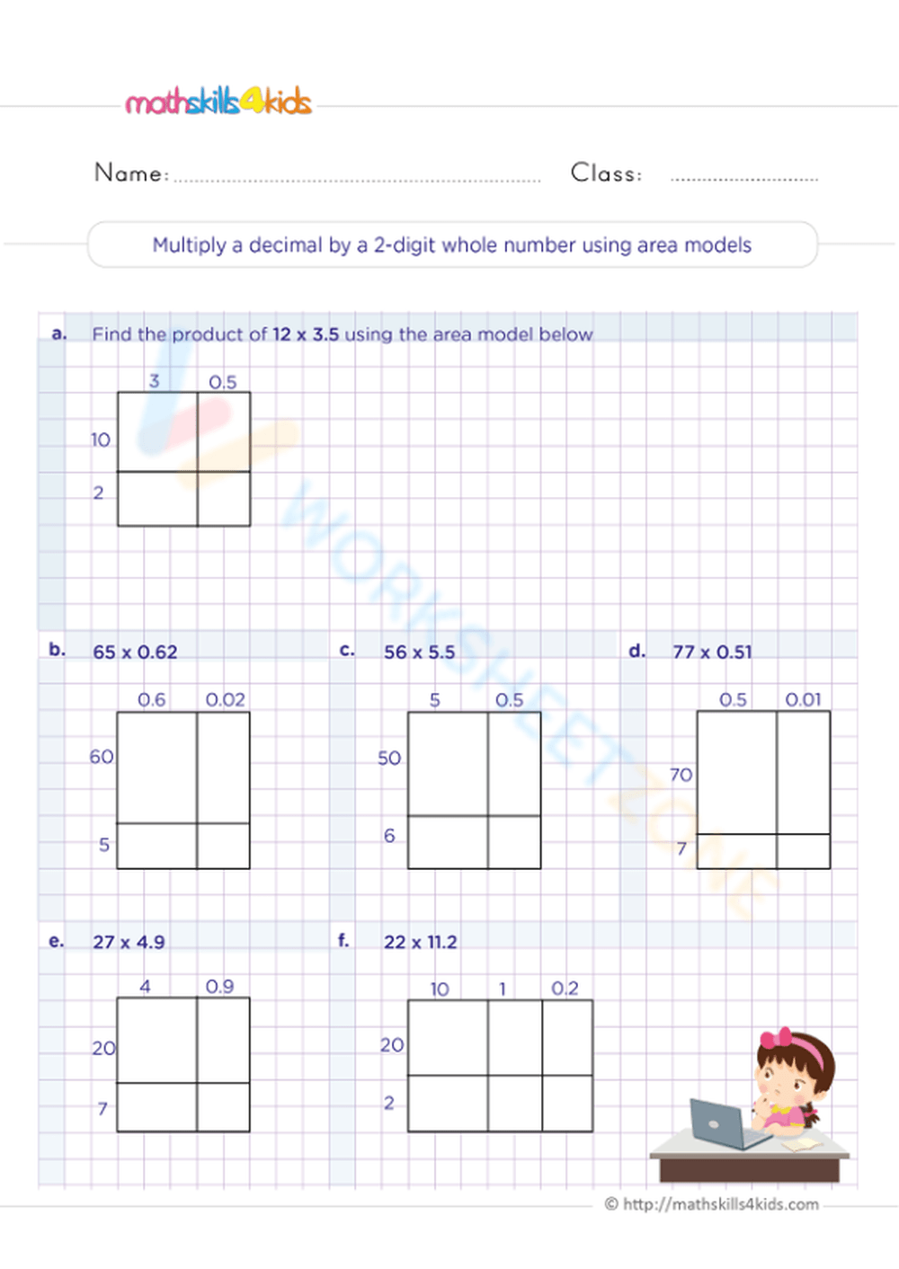 Multiply A Decimal By A 2 digit Whole Number Using Area Models Worksheet