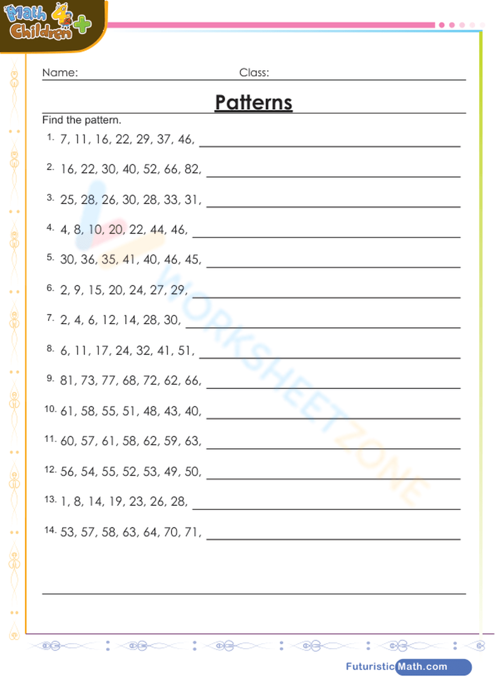 maths number patterns worksheets