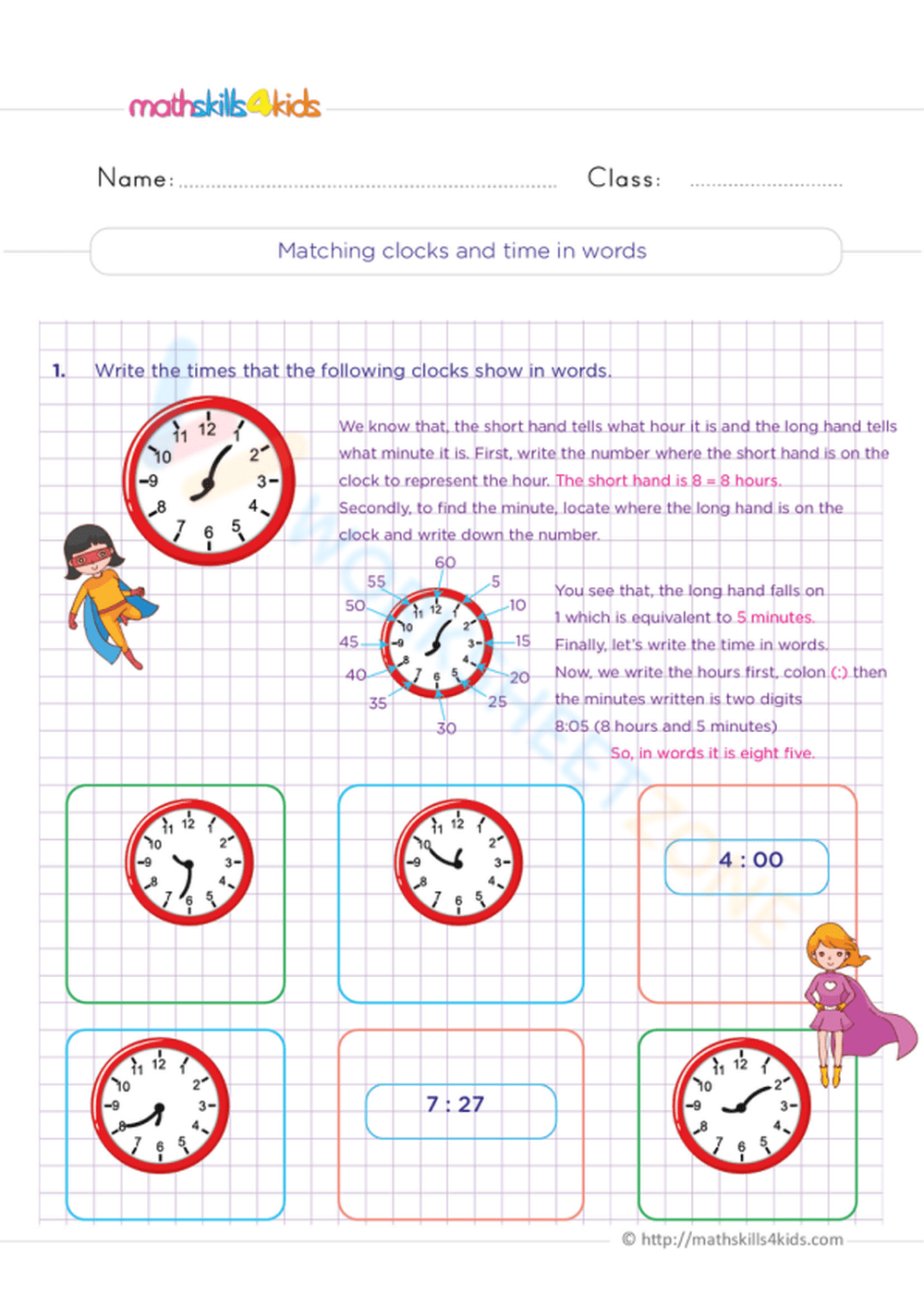 Matching Clocks And Time In Words Worksheet