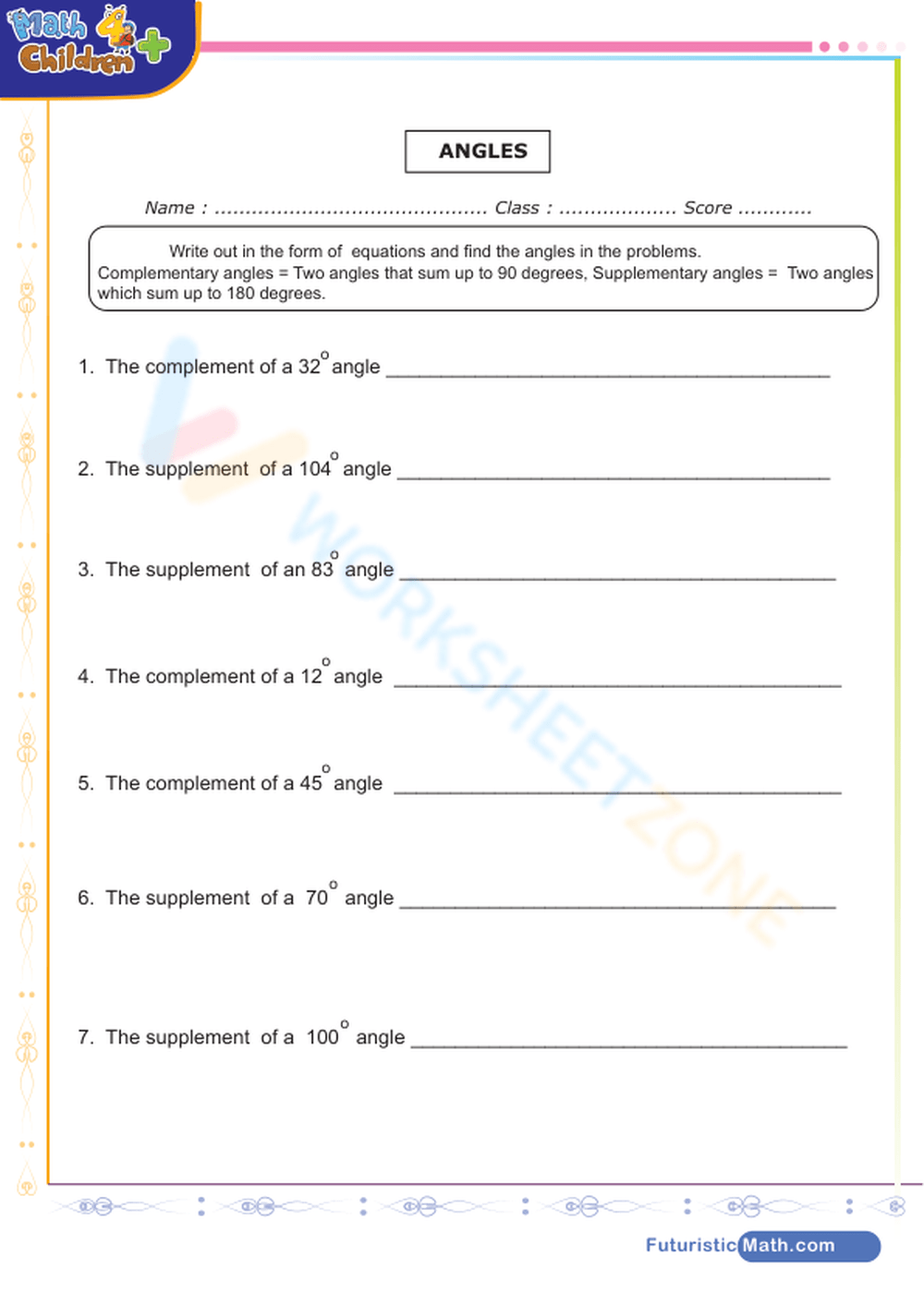 Complementary And Supplementary Angles Worksheet 8989