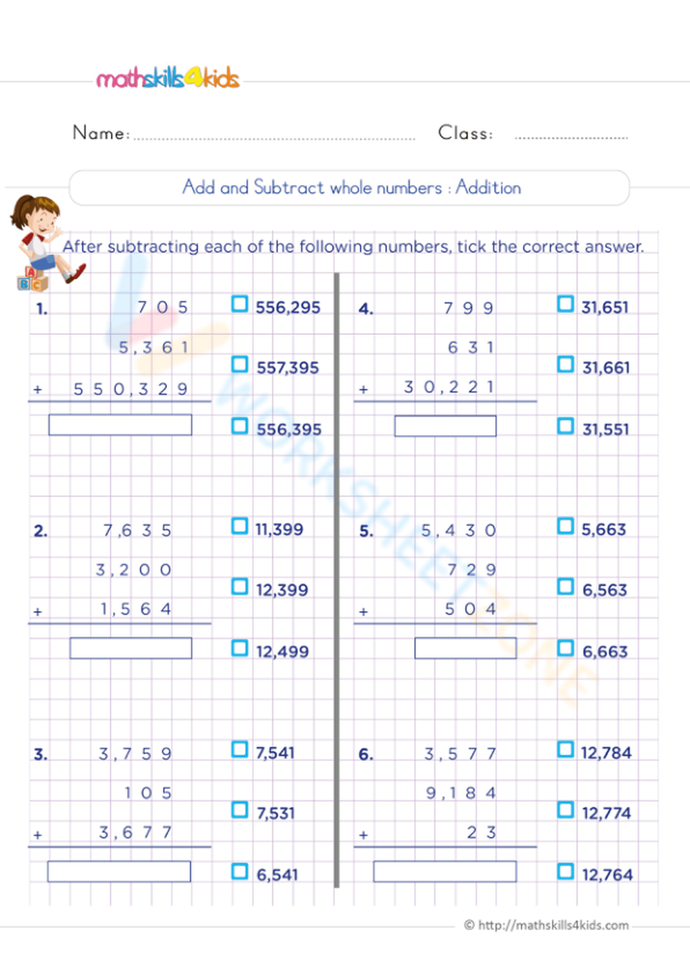 Add And Subtract Whole Numbers Worksheet