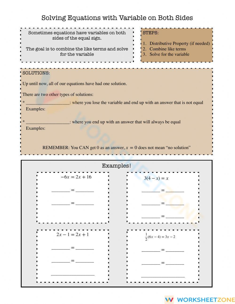 Solving Equations With The Variable On Both Sides Worksheet