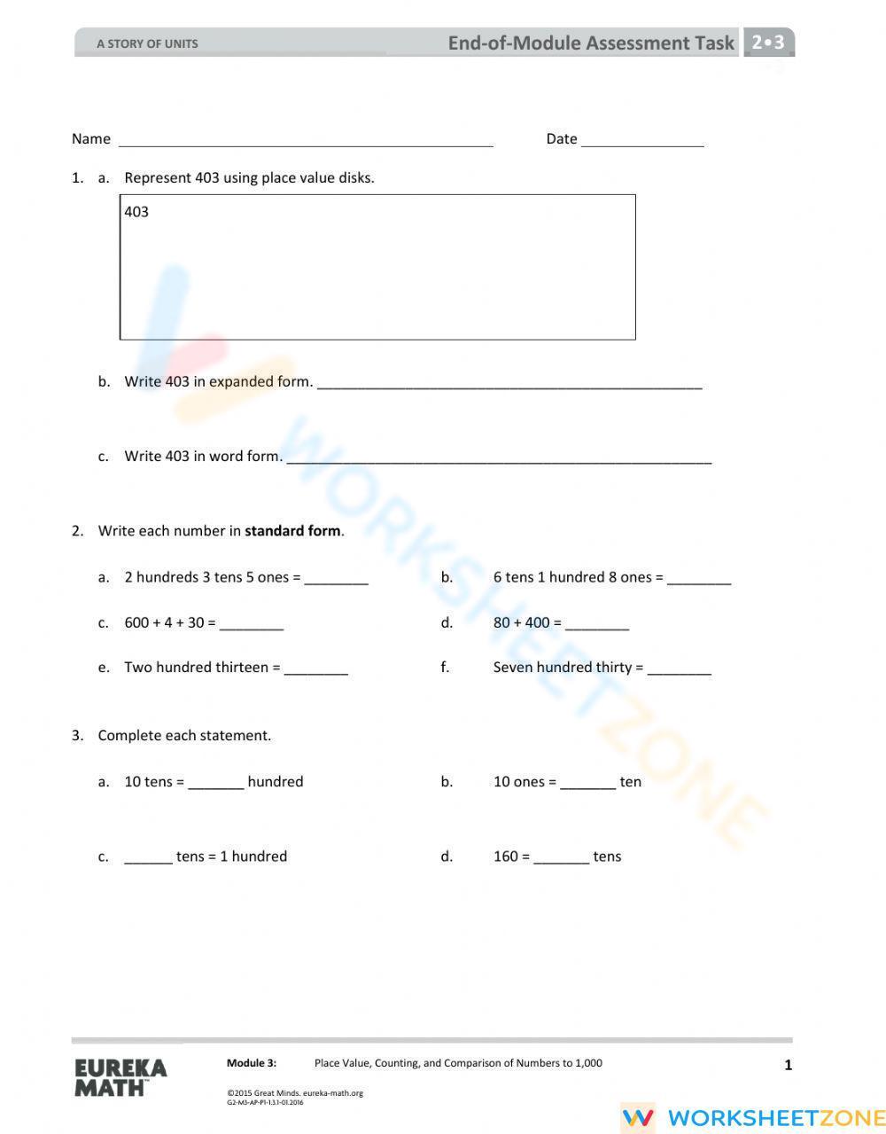 Eureka Module 3 End Of Module Test Worksheet