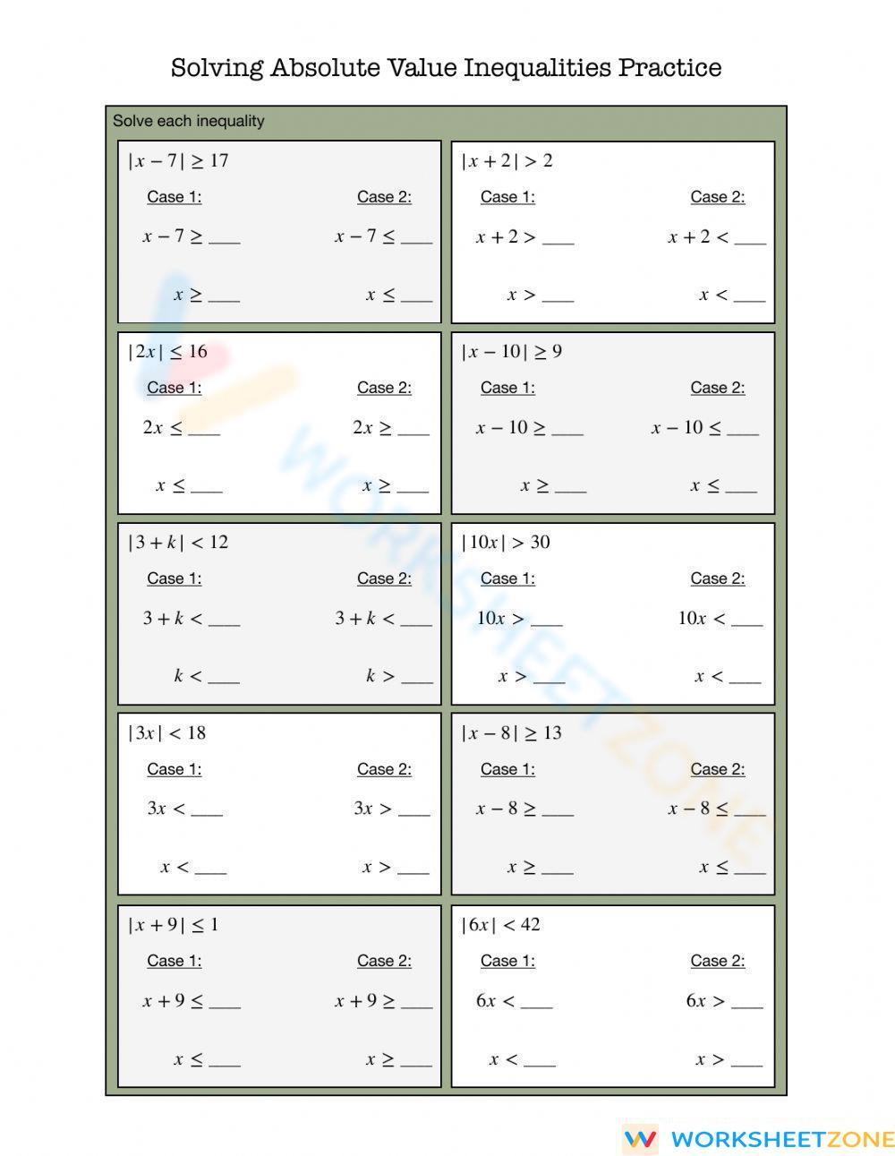 Solving Absolute Value Inequalities Practice Worksheet 1886