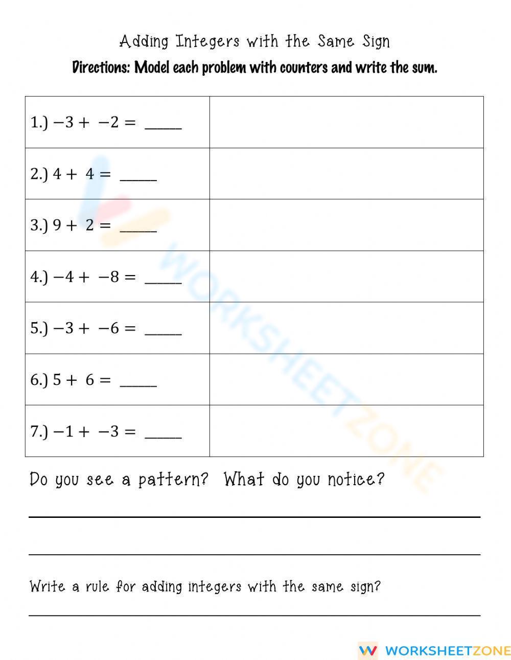 adding integers worksheet