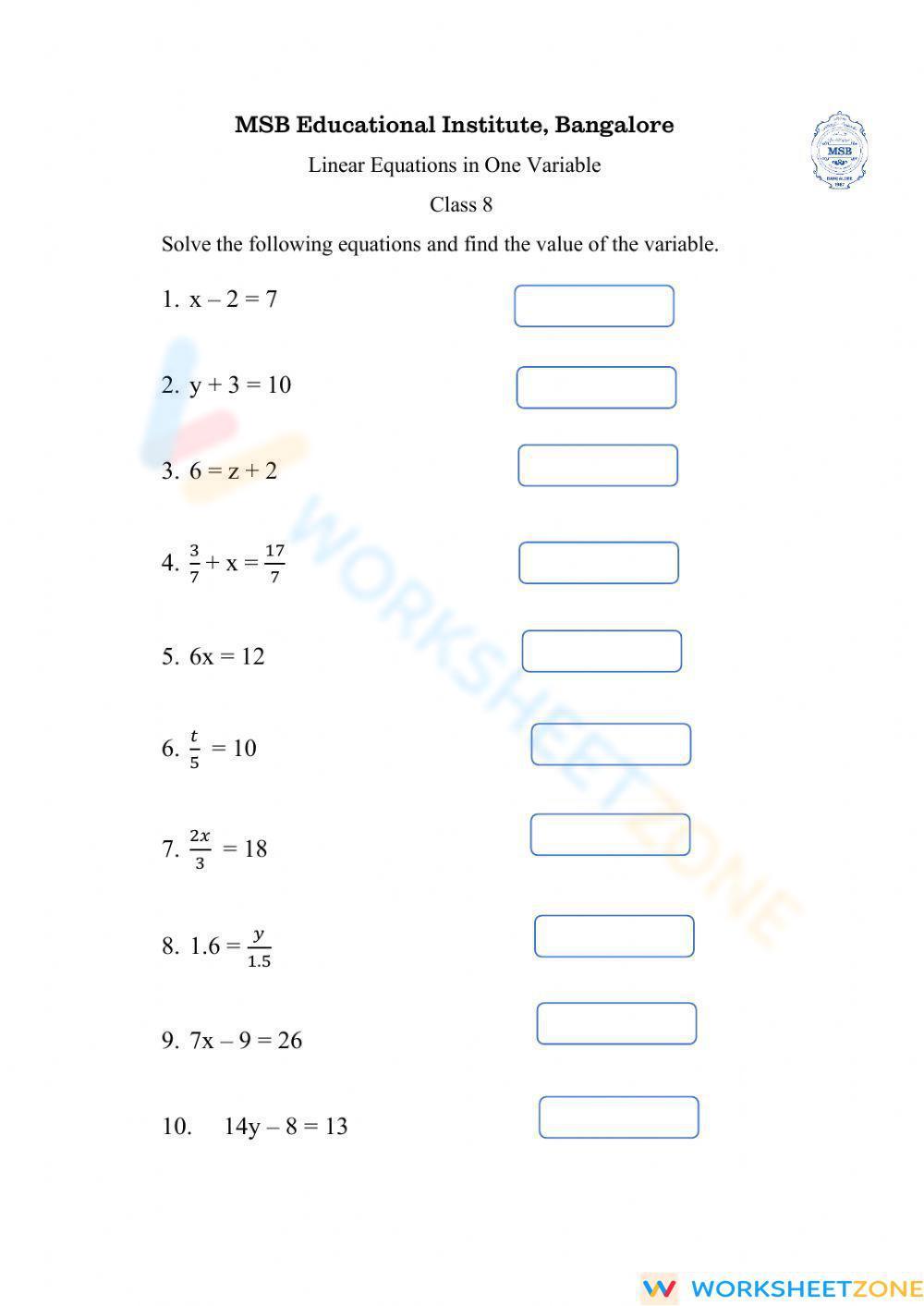 Linear Equations In One Variable Worksheet