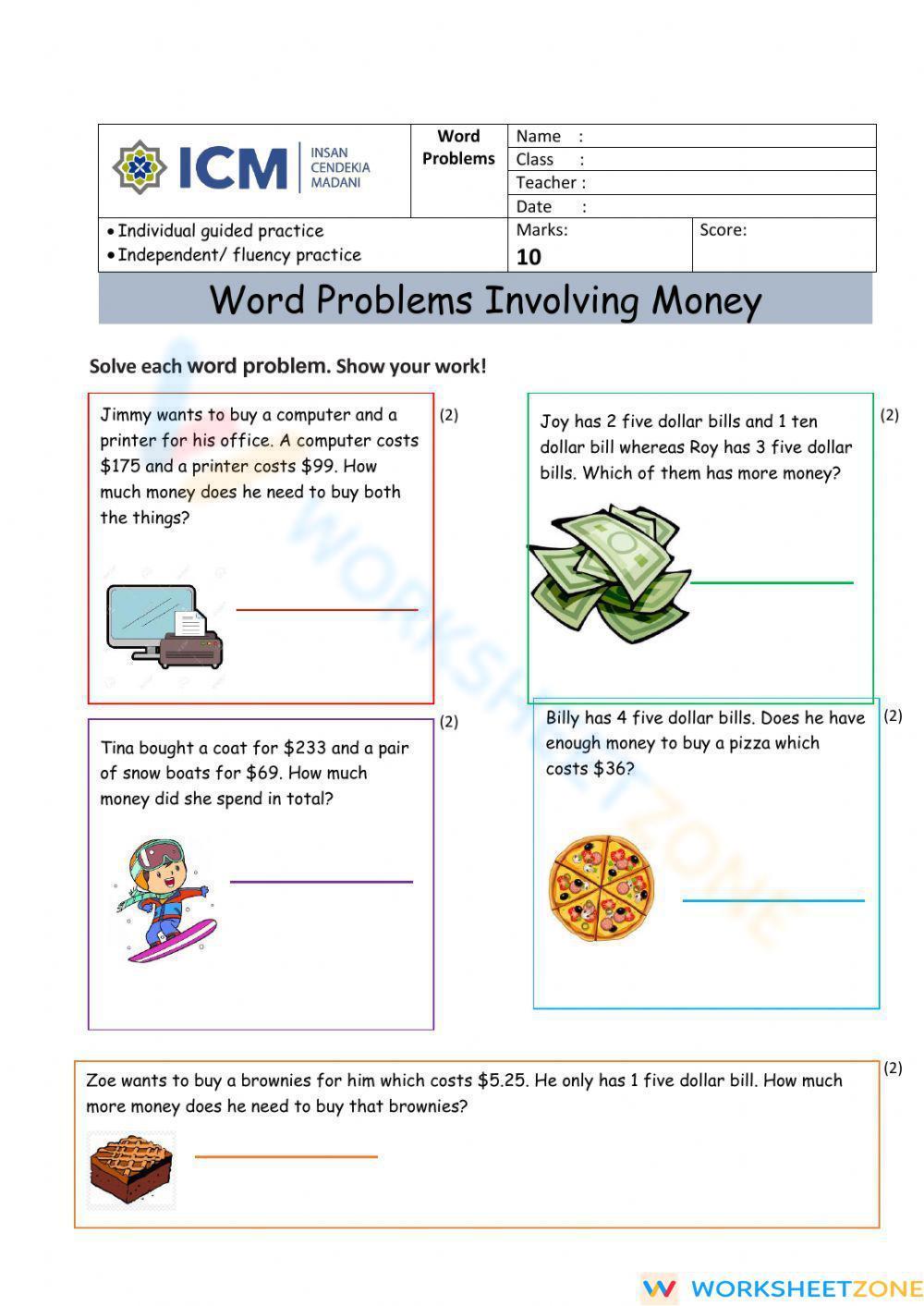 money problem solving questions year 6