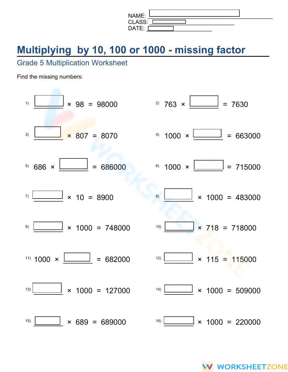 Multiplying By 10 100 And 1000 Worksheets Pdf