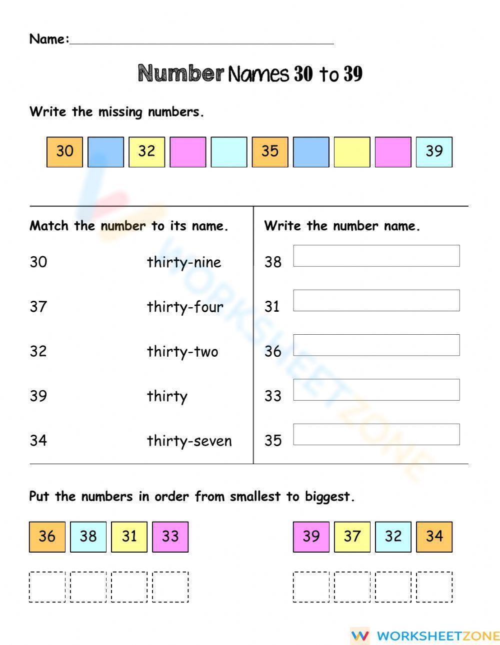 number-names-30-to-39-worksheet