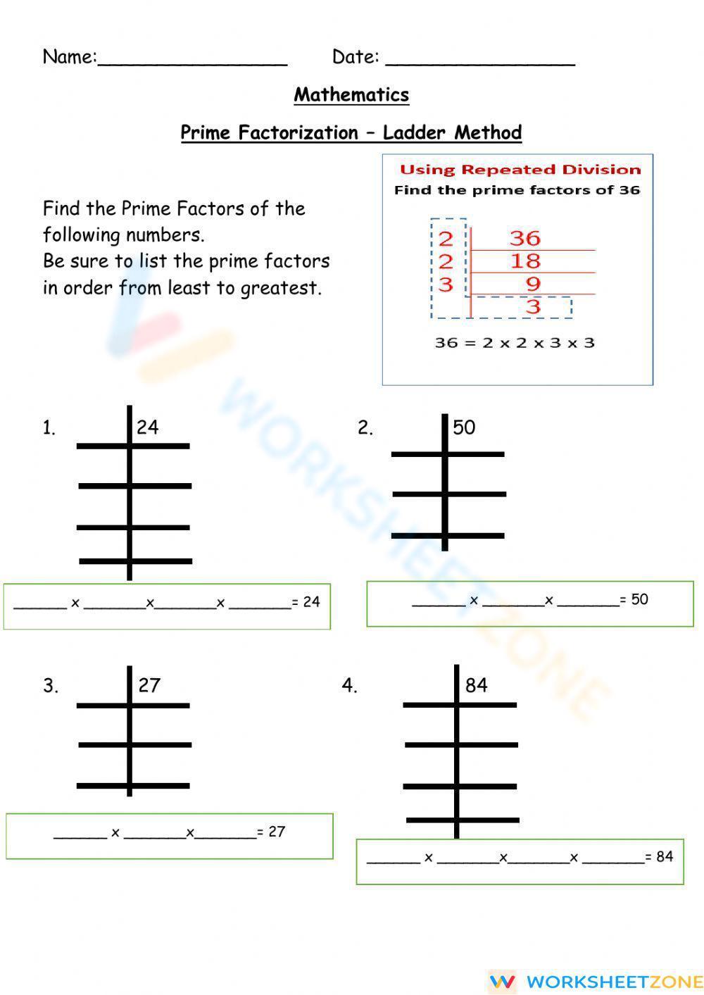 Prime Factorization - Ladder Method Worksheet