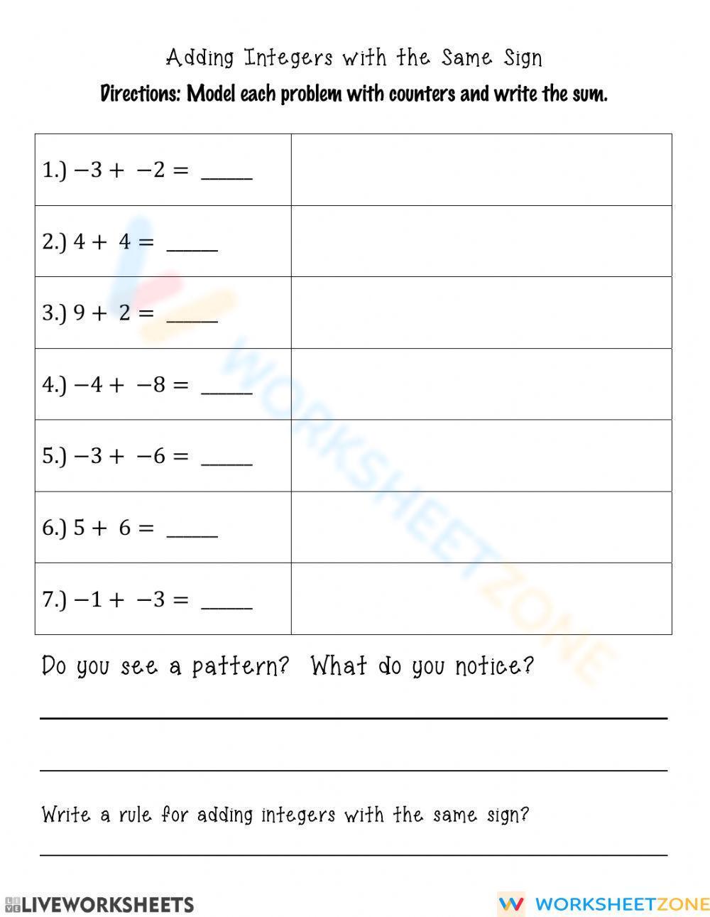 Adding Integers With The Same Signs Worksheet