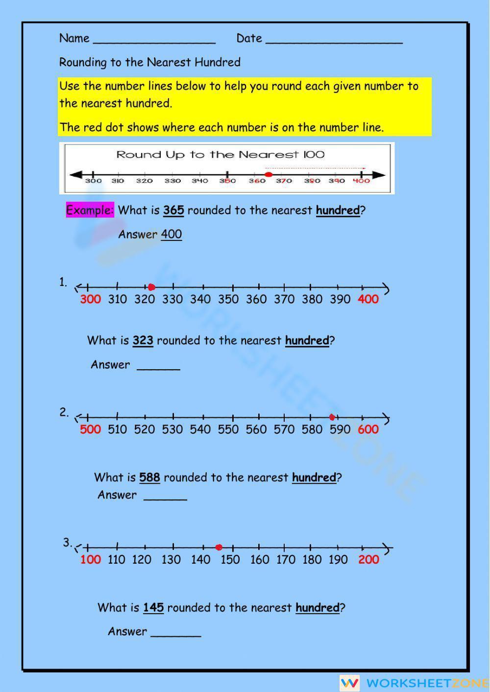 Rounding To The Nearest Hundred Using A Number Line Worksheet