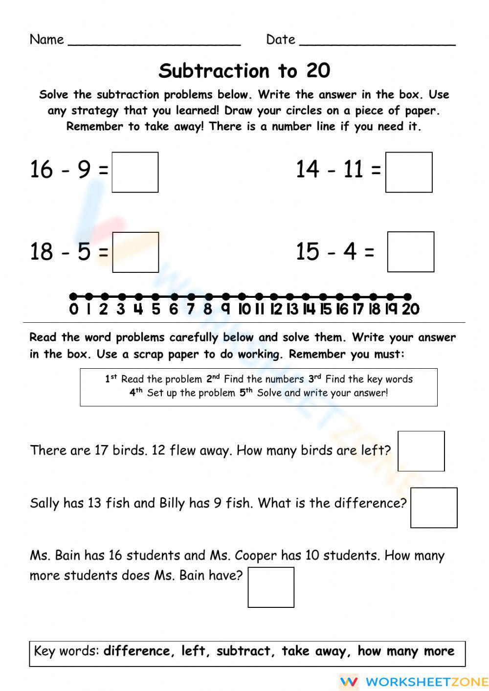 Subtraction Up To 20 Worksheet