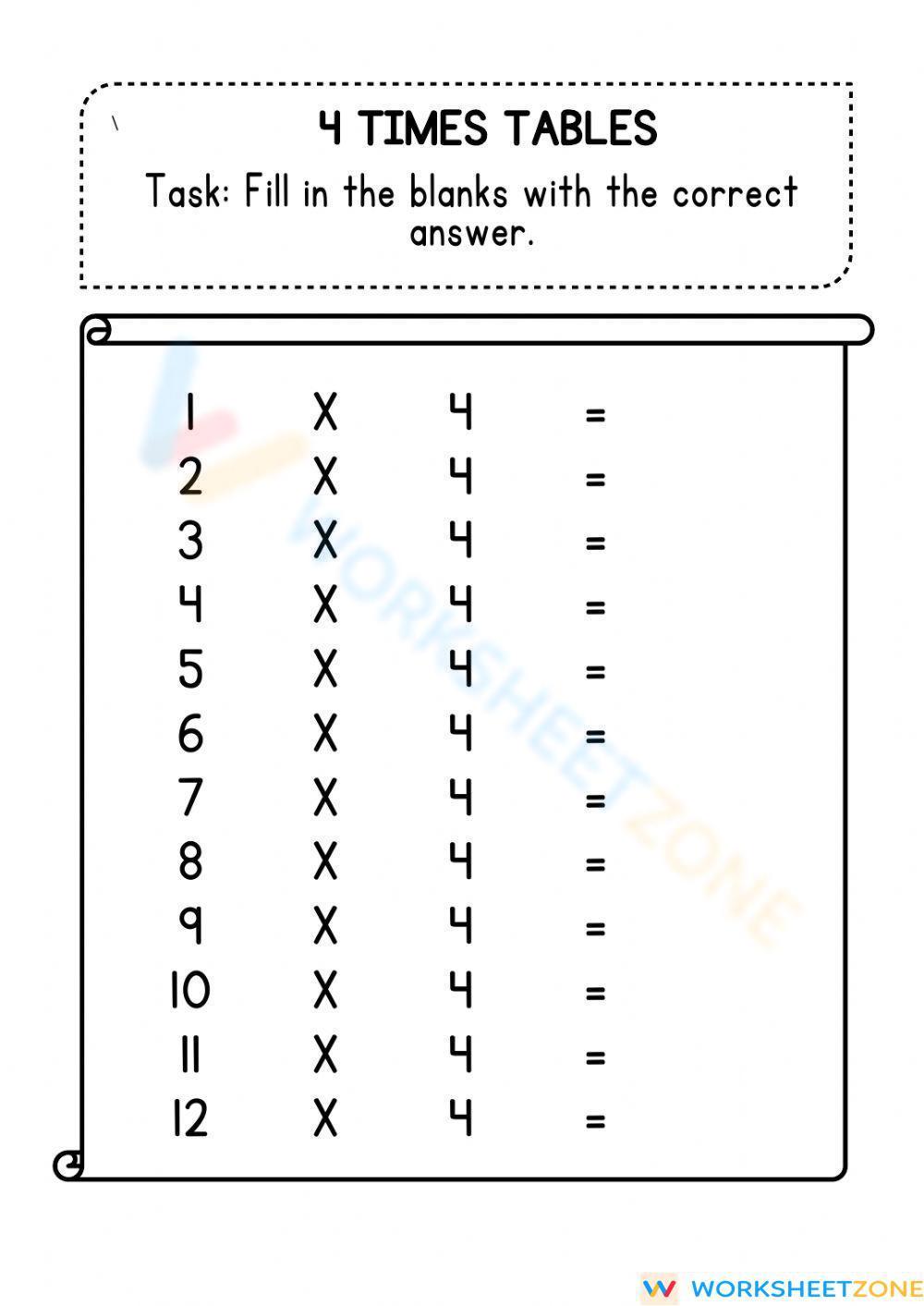 4 Times Tables Worksheet