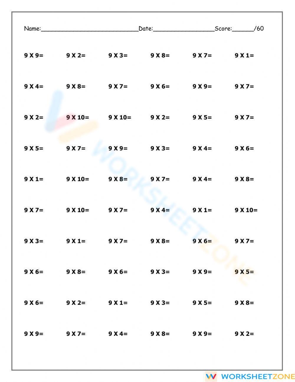 Multiplication Worksheets For 9 Times Tables