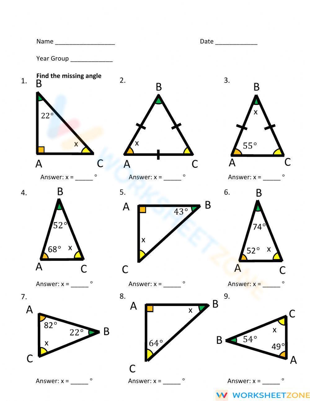 Triangles Find Missing Angle Worksheet