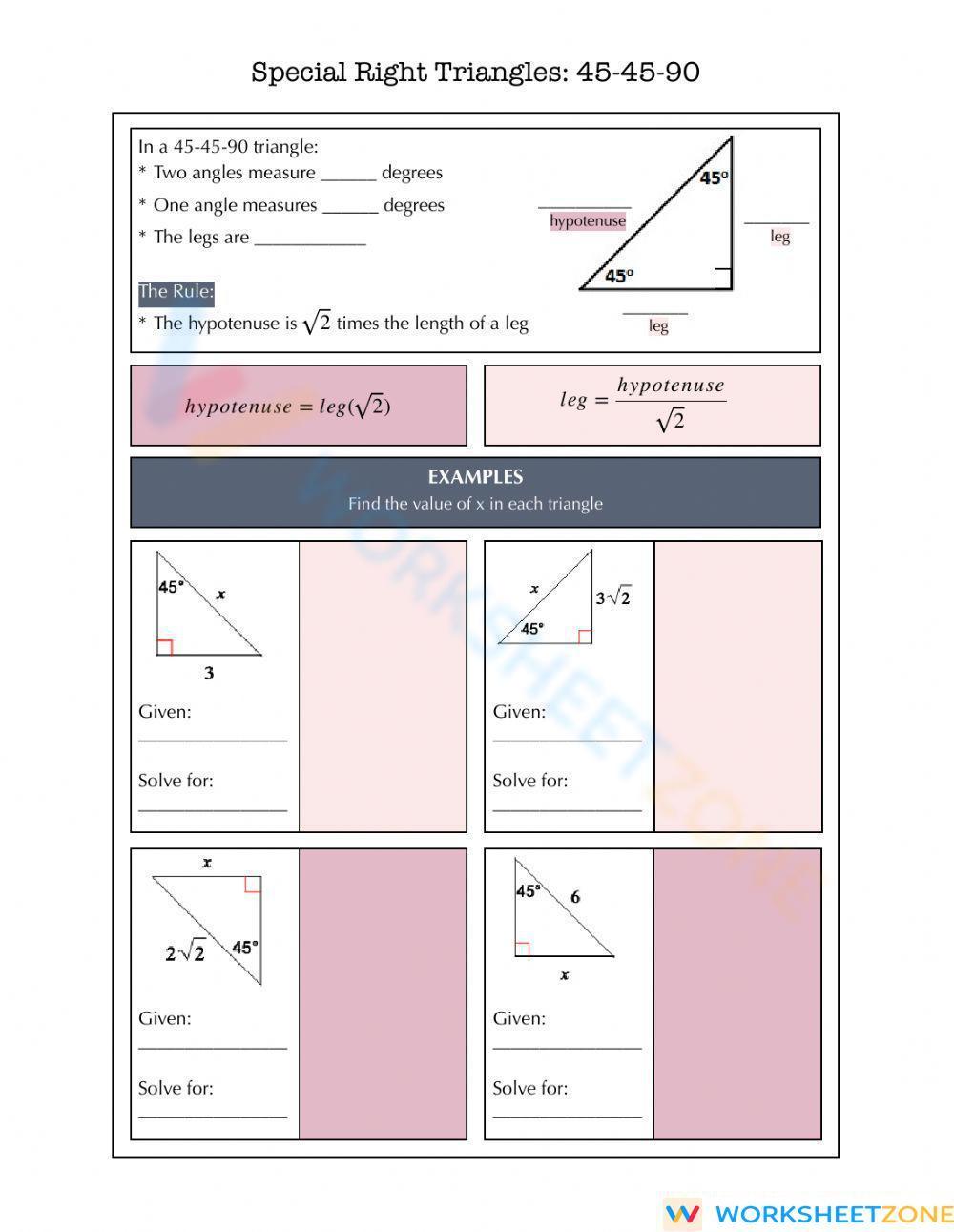 Special Right Triangles 45 45 90 Worksheet 3225