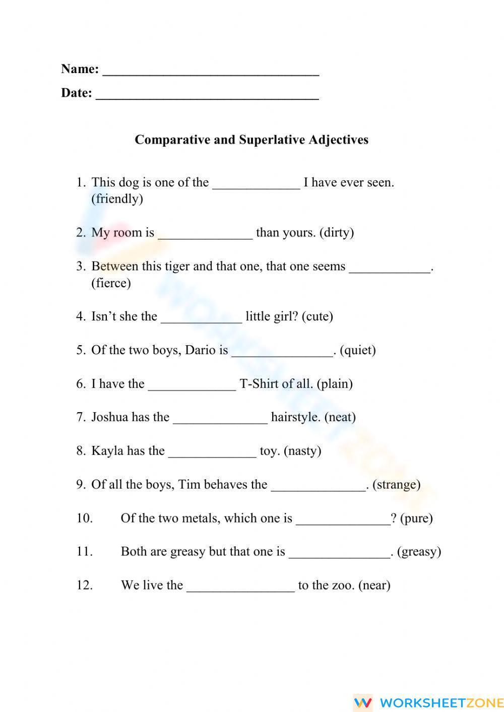 Comparative And Superlative Adjectives Worksheet