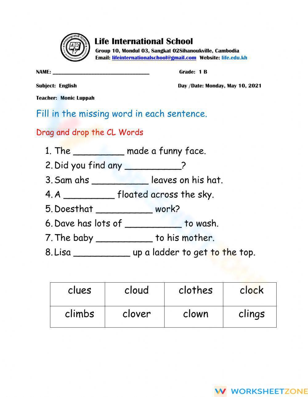 Consonant Blend CL Words Worksheet