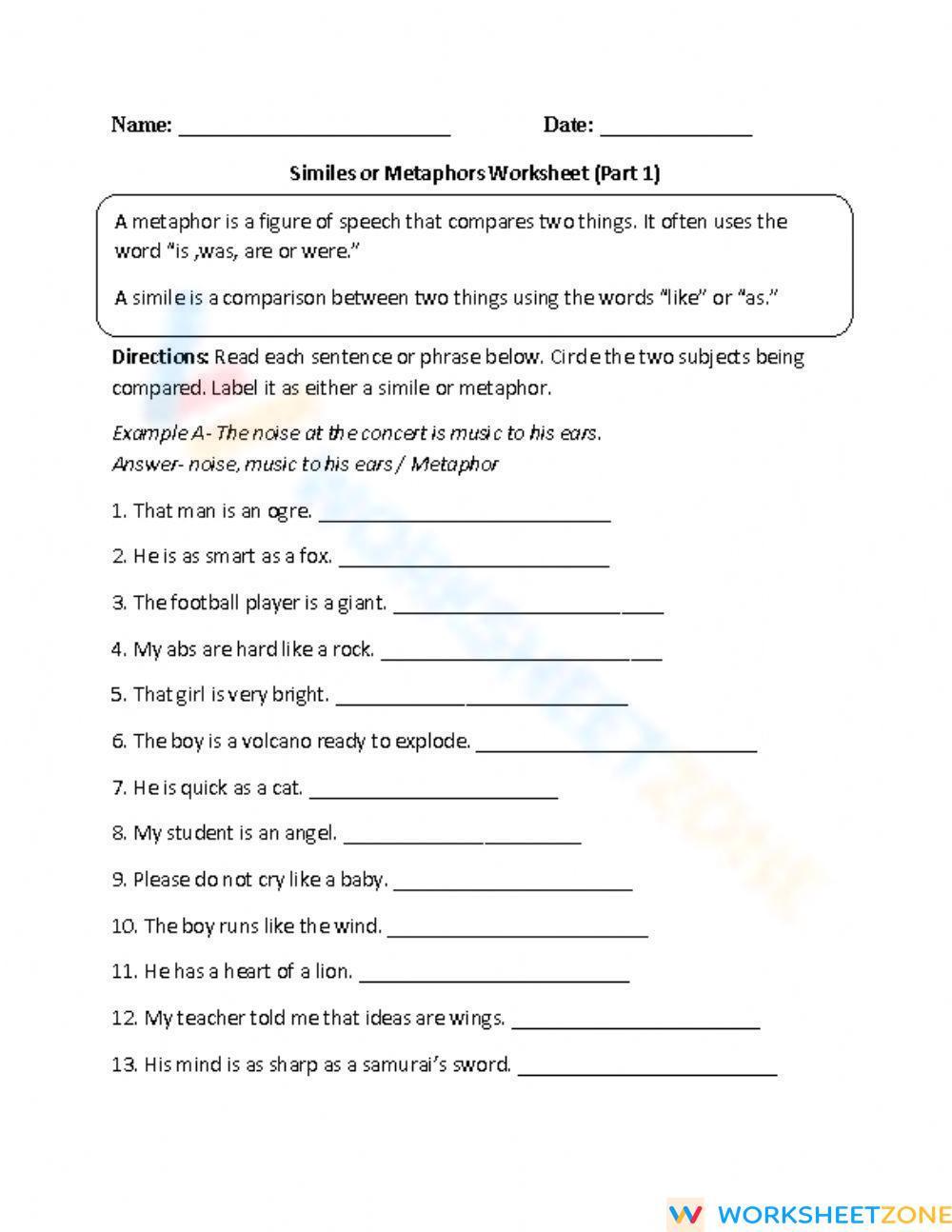 similes and metaphors worksheet