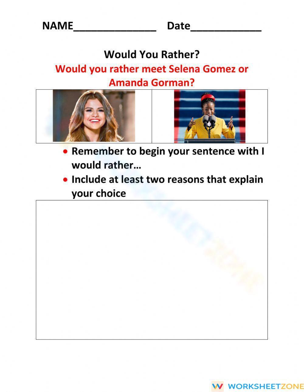 Would You Rather Worksheet Would You Rather Worksheet