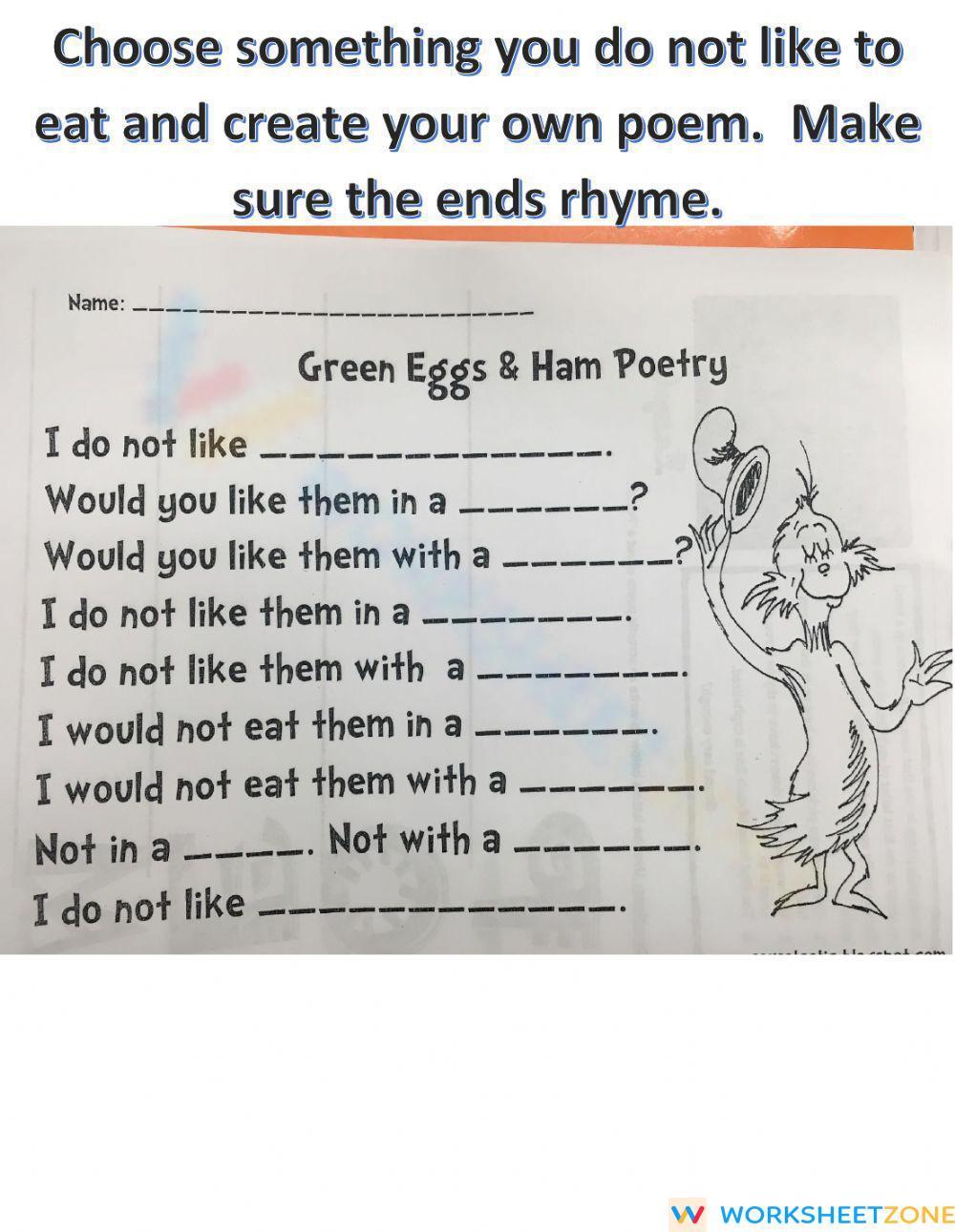 Green Eggs And Ham Poetry Worksheet