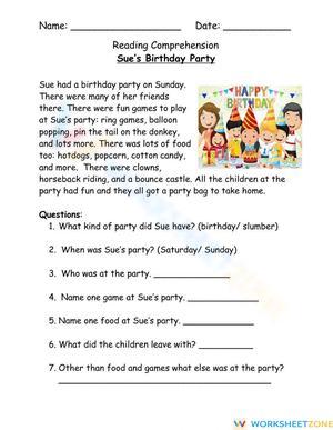reading comprehension exercises 9th grade Sue's Birthday Party