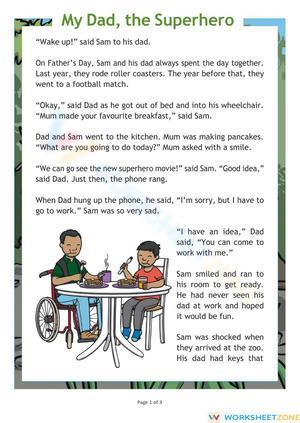 reading comprehension exercises 9th grade My dad the superhero