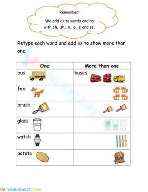 Forming Plural Nouns by Adding -es Worksheets