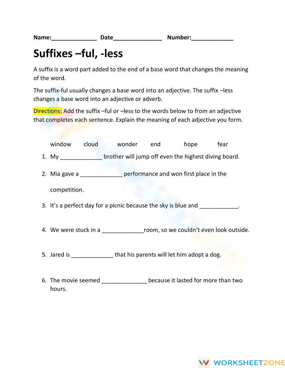 Suffixes Ful And Less Worksheet