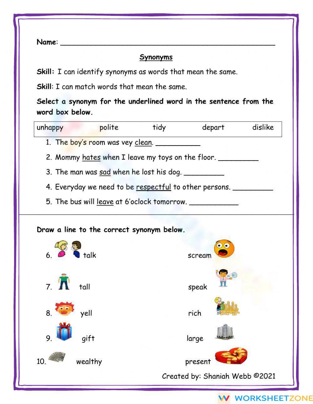 Synonyms worksheets