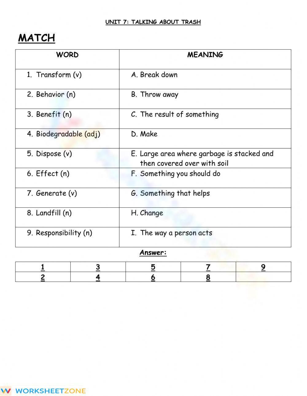 Vocabulary Unit 7 Part 1: Talking About Trash worksheet