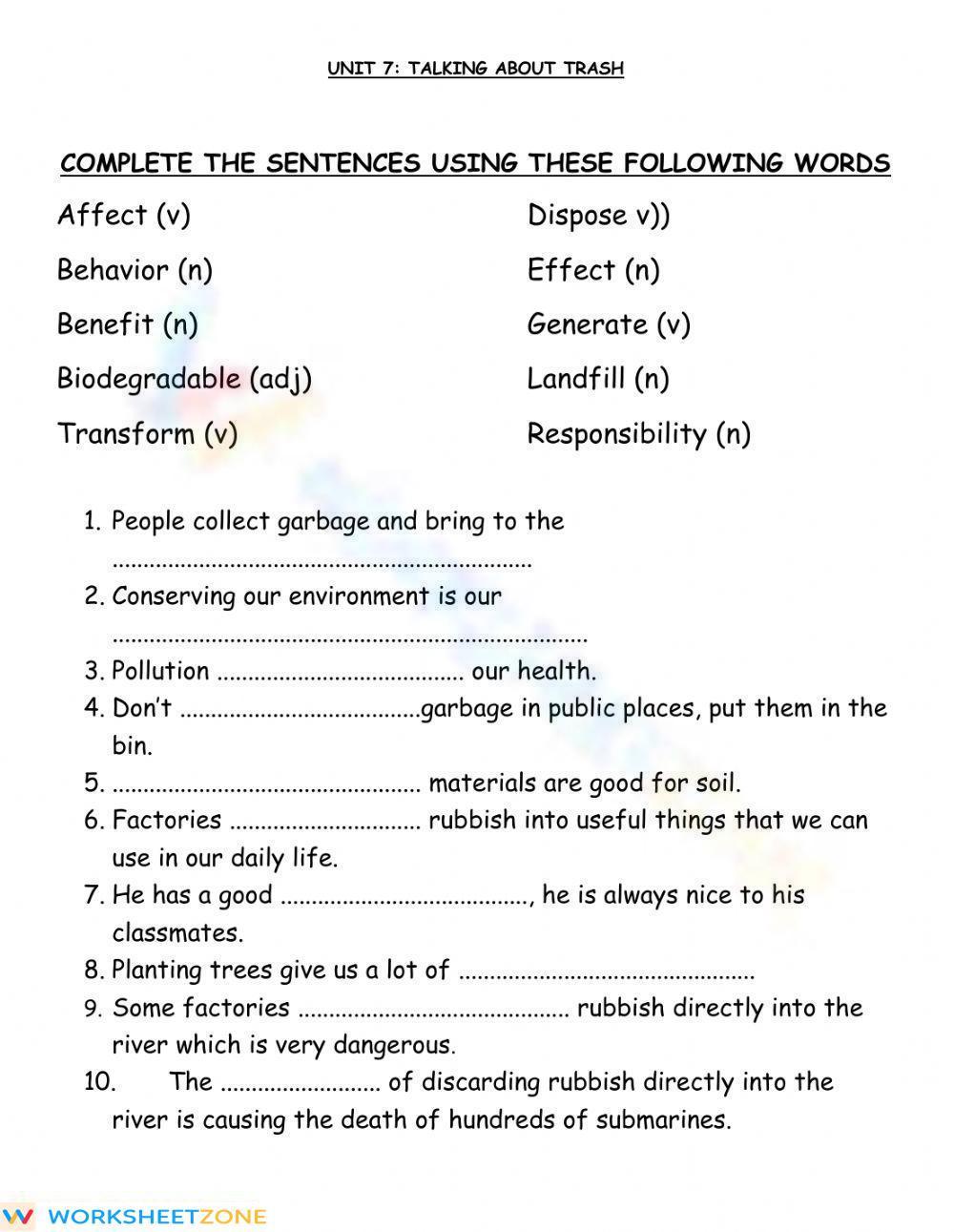 Vocabulary Unit 7 Part 2: Talking About Trash worksheet