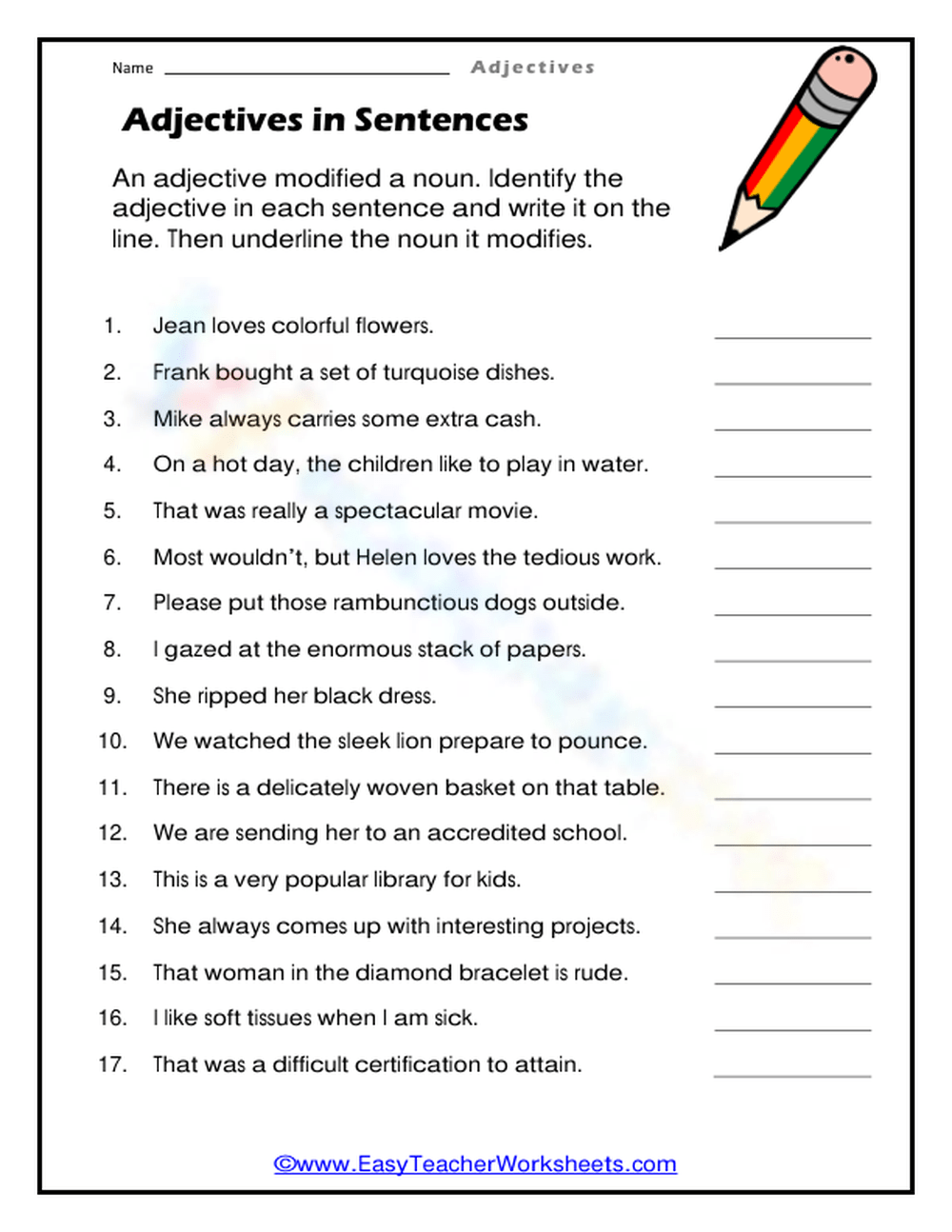 Adjectives In Sentences Worksheet