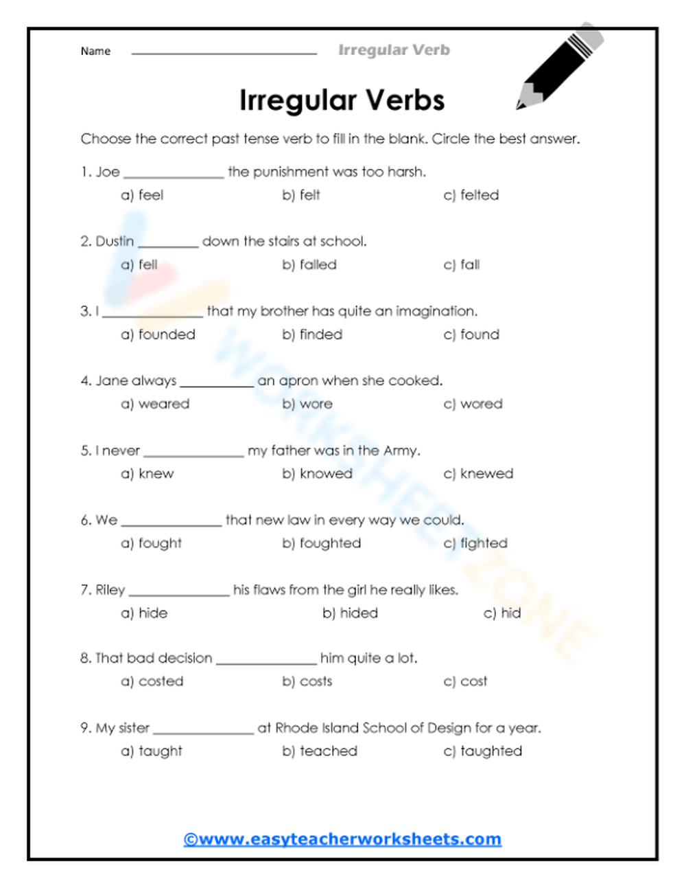 Irregular Verbs Worksheet 