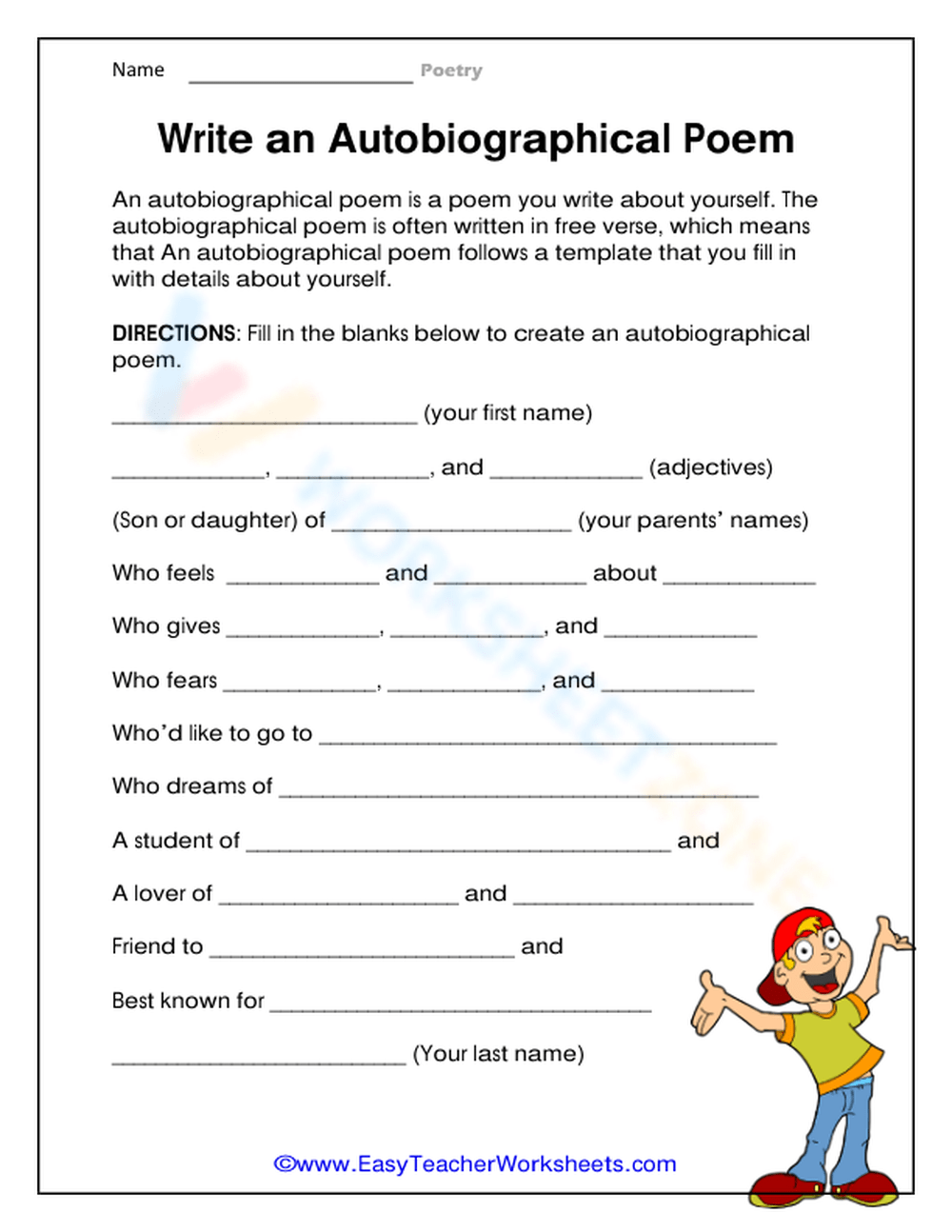 Write An Autobiographical Poem Worksheet Write An Autobiographical Poem Worksheet