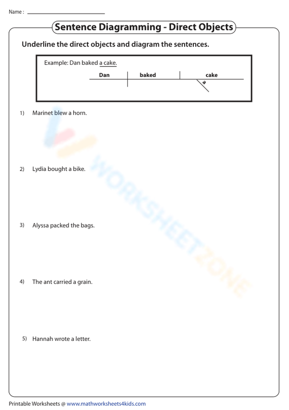 Sentence Diagramming Direct Objects Worksheet