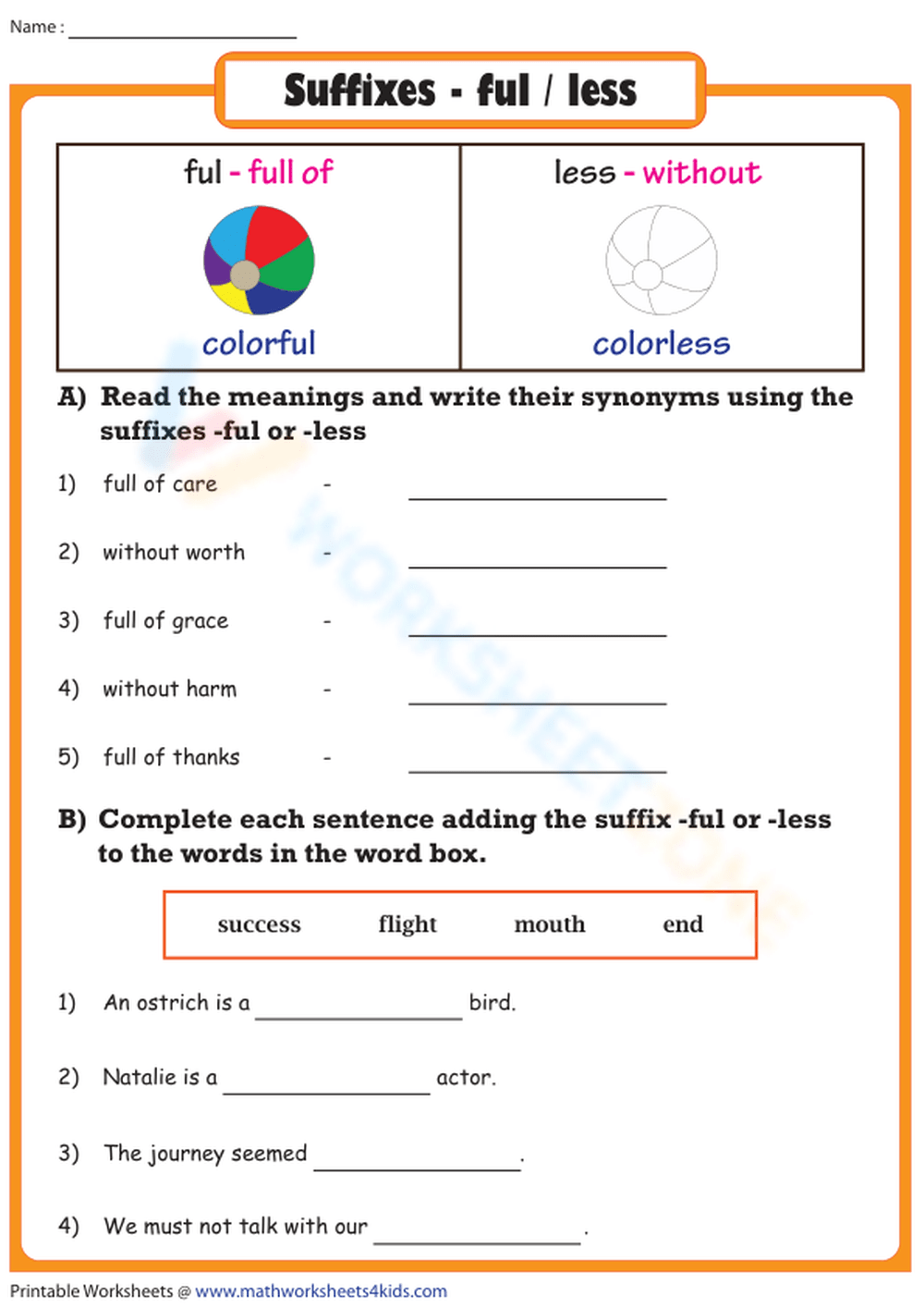 Suffixes Ful And Less Worksheet