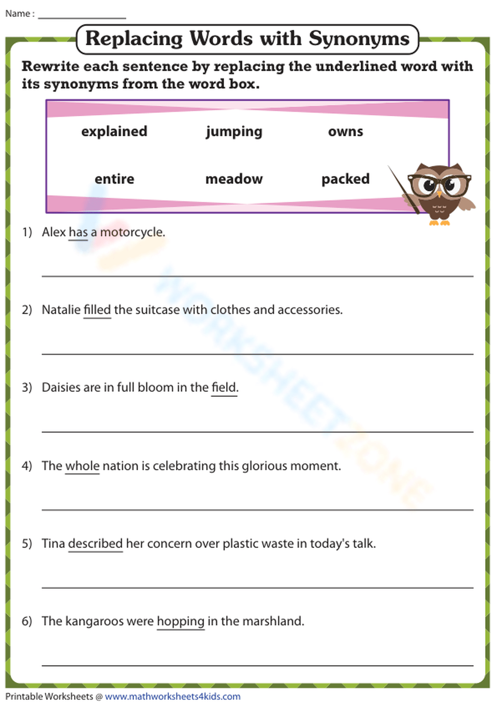 Synonym Worksheet - error, picked, grinned, tune, saved, late and adore