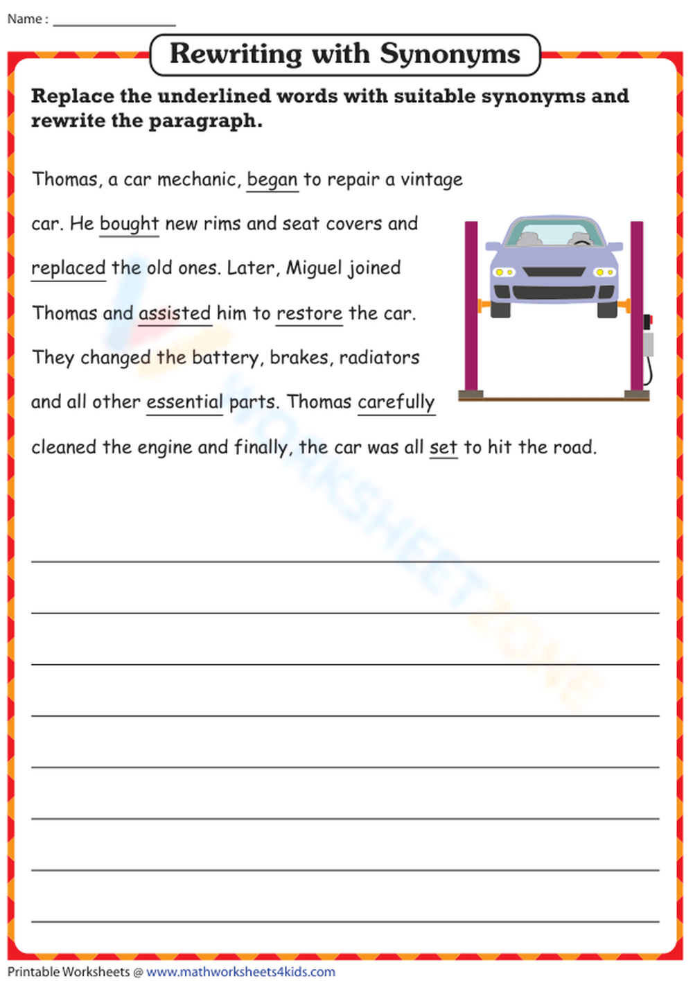 Synonym Worksheet - error, picked, grinned, tune, saved, late and adore