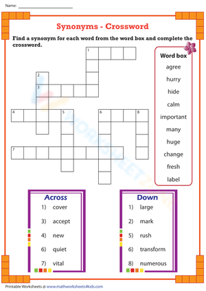 Synonym crosswords for grade 1 worksheets