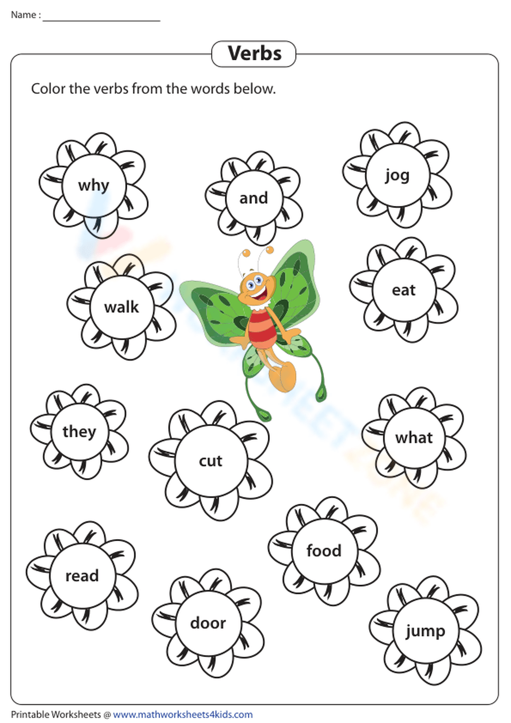 Identifying And Coloring Verbs Worksheet