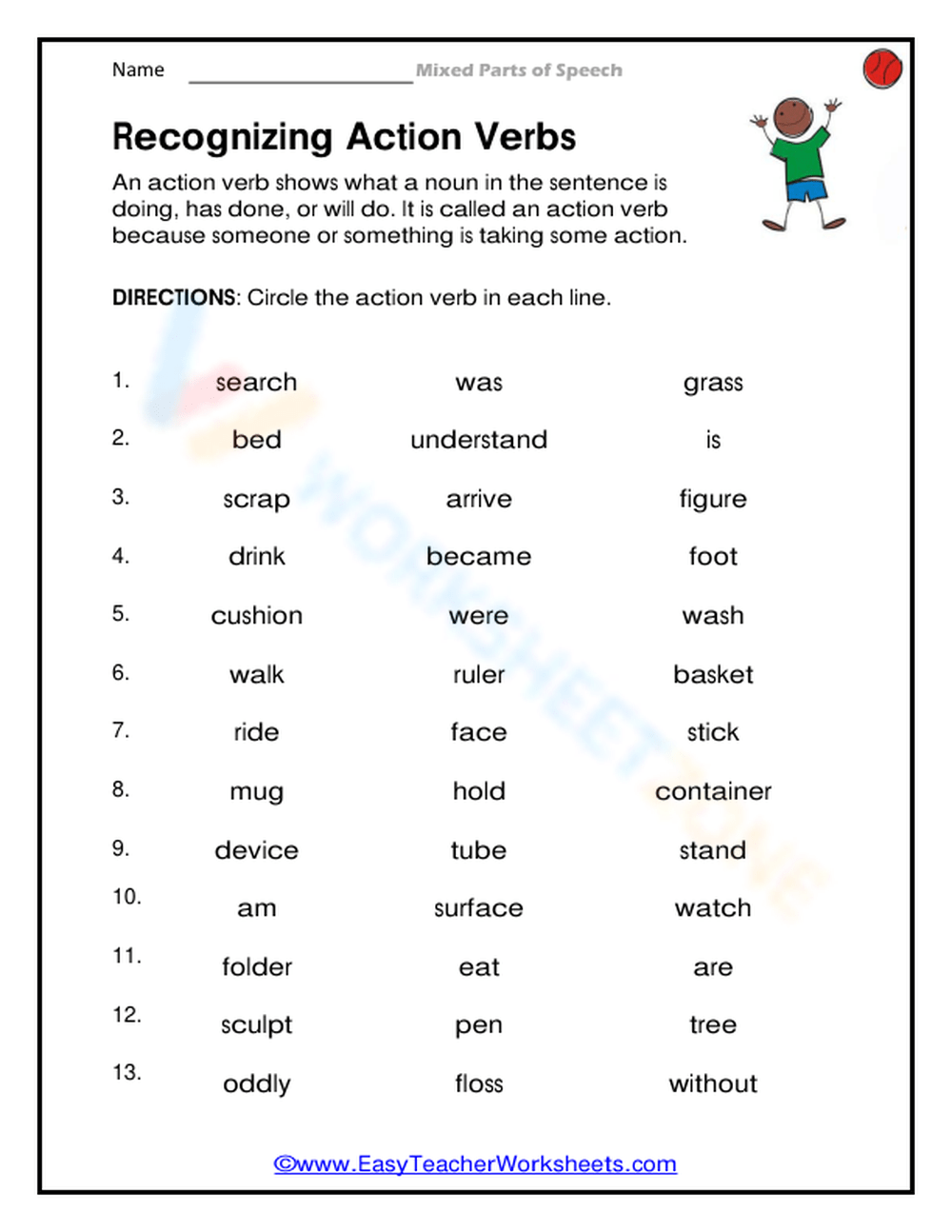 Recognizing Action Verbs Worksheet